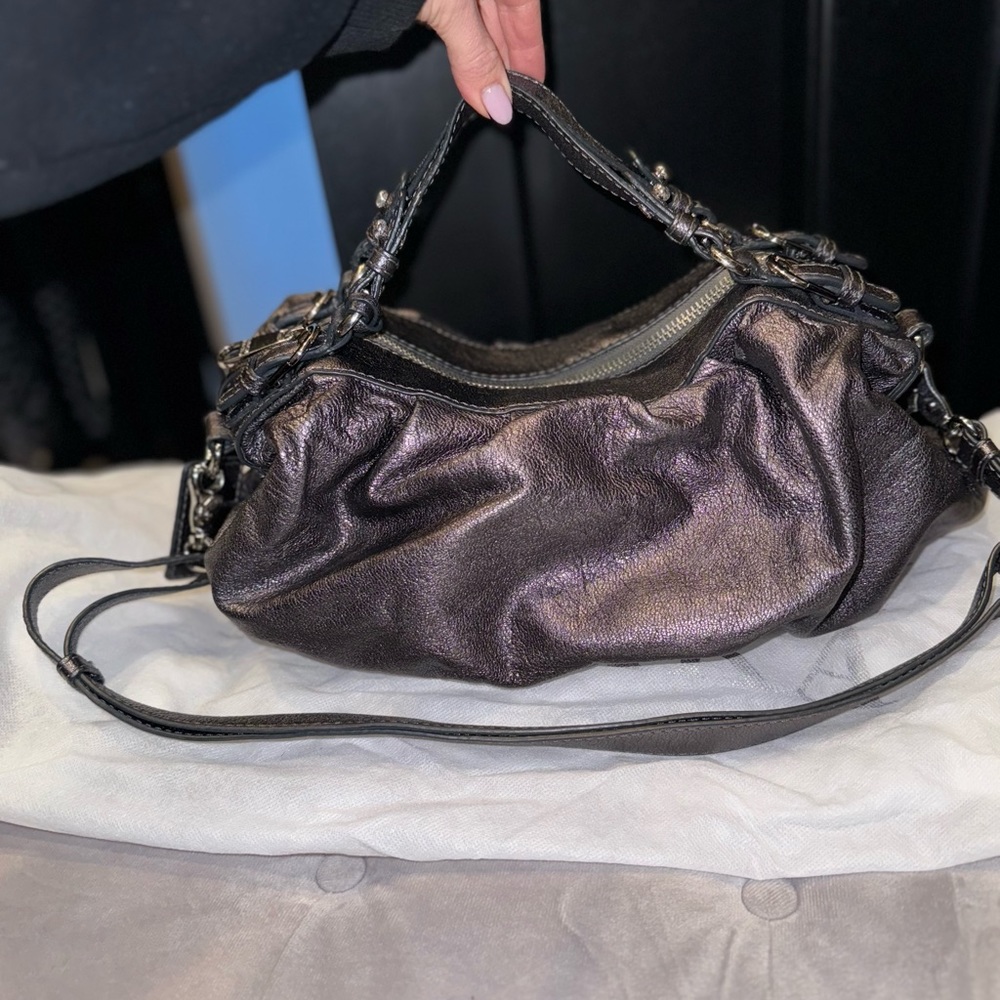 Bradley Mischka Genuine Leather Gunmetal Handbag W/ Short Handles & Long Strap.